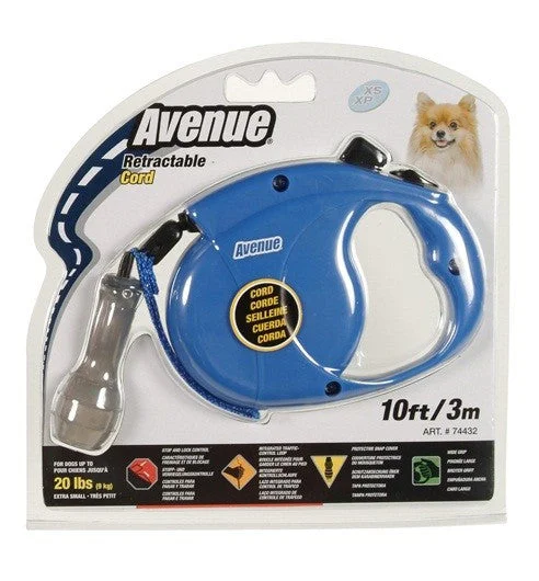 Avenue Retractable Cord Leash; available in 2 colours and 5 sizes.