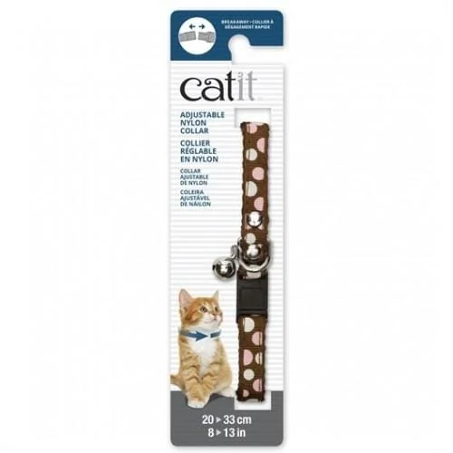 Catit Adjustable Breakaway Nylon Cat Collar Rivets Brown With Polka Dots