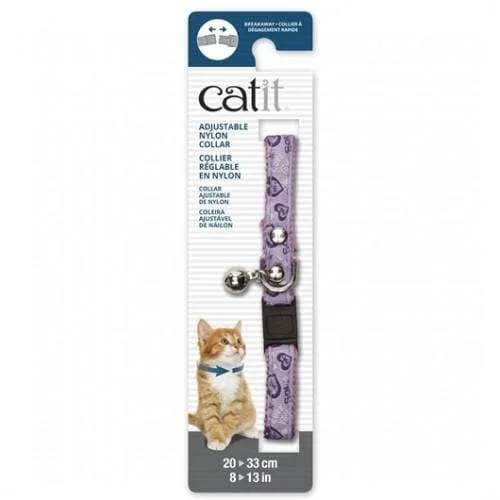 Catit Adjustable Breakaway Nylon Cat Collar Rivets Pink With Purple Hearts