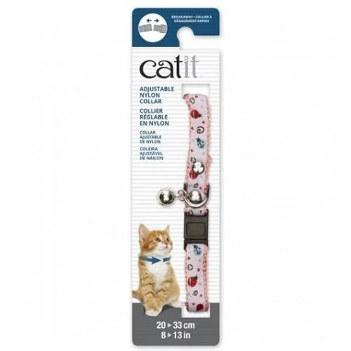 Catit Adjustable Breakaway Nylon Cat Collar Rivets Pink With White Ladybugs