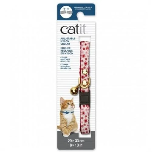 Catit Adjustable Breakaway Nylon Cat Collar Rivets Red & White With Flowers