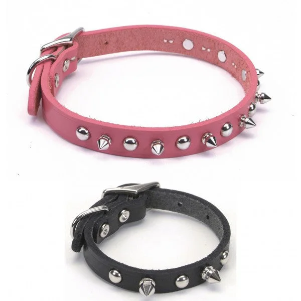 Circle T Leather Spiked Collars; available in black or pink, and in various lengths.