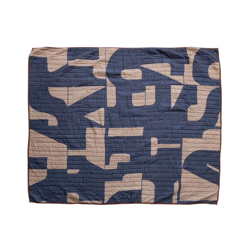 Cotton Quilted Printed Throw with Abstract Design in Blue and Beige