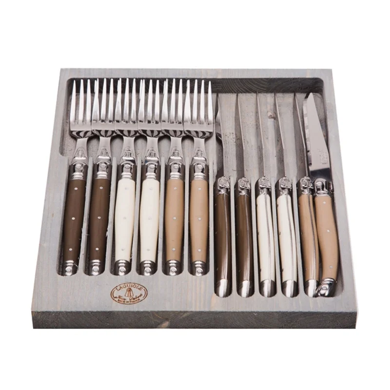 Laguiole Jean Dubost Cutlery Set with Linen Handles in Grey Box, 12 Pc.