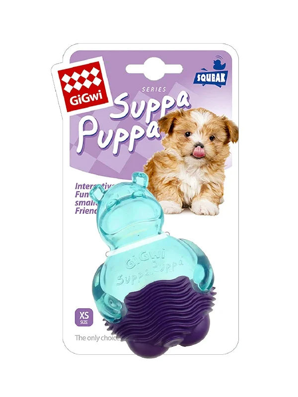 GiGwi Suppa Puppa Hippo Squeaky Rubber Dog Chew Toy, Blue and Purple, Small