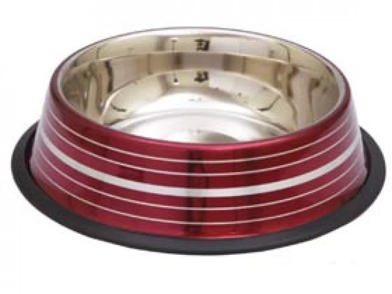 IndiPets Colored Silver Stripe Non-Tip Dish Red