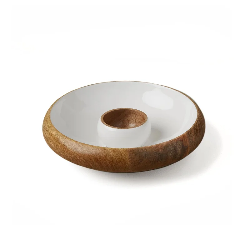 Mango Wood and White Enamel Chip & Dip Bowl Set