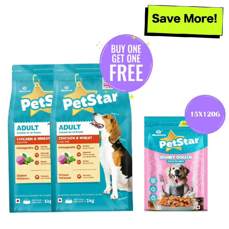 Mankind Petstar Chicken and Wheat Adult Dog Dry Food and Chunky Chicken Gravy Adult Dog Wet Food Combo