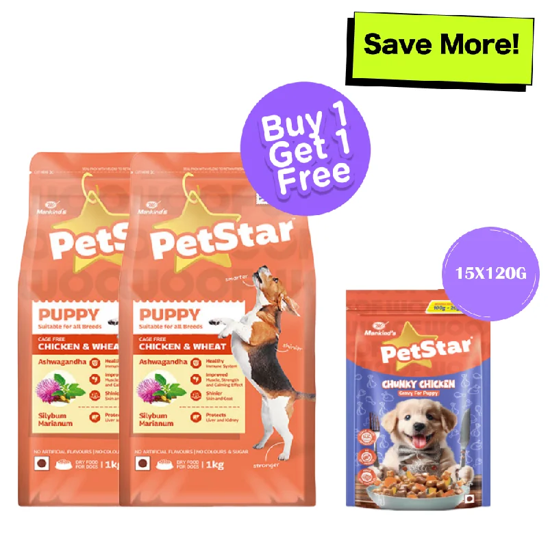 Mankind Petstar Chicken & Wheat Puppy Dry Food and Chunky Chicken Gravy Puppy Dog Wet Food Combo