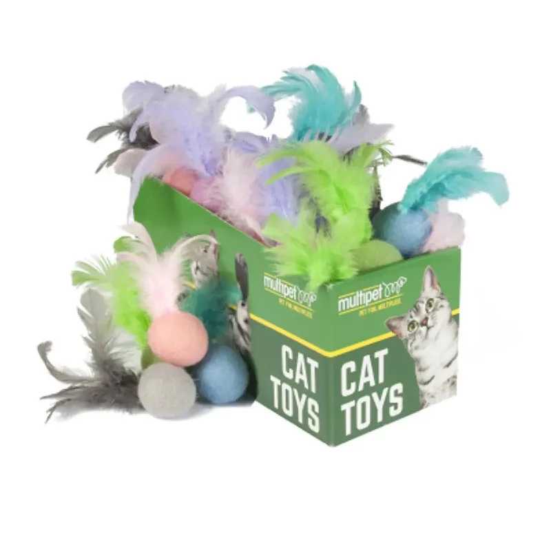 Multipet Felt Ball w/ Feathers Cat Toys Assorted Colors 4" 30pc