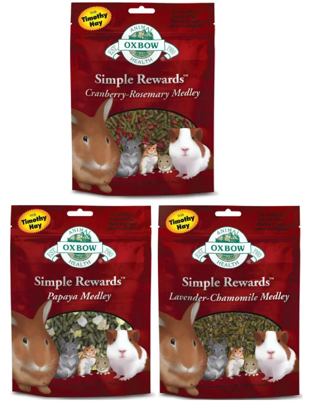 Oxbow Simple Rewards Treat Medley for Small Animals; available in 3 flavour blends.