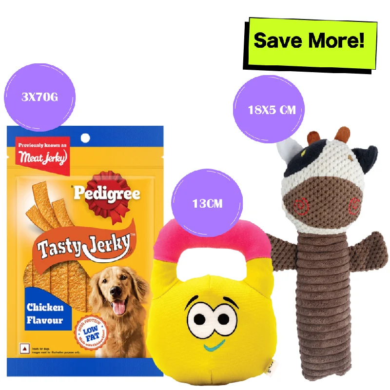 Pedigree Chicken & Liver Flavour Tasty Jerky Treat, Pet Vogue Cow Shaped Plush Toy and Goofy Tails Gym Series Kettlebell Plush Toy for Dogs Combo