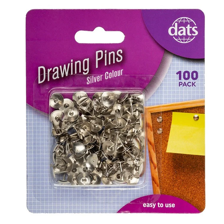 Drawing Pins, Silver, 100pk