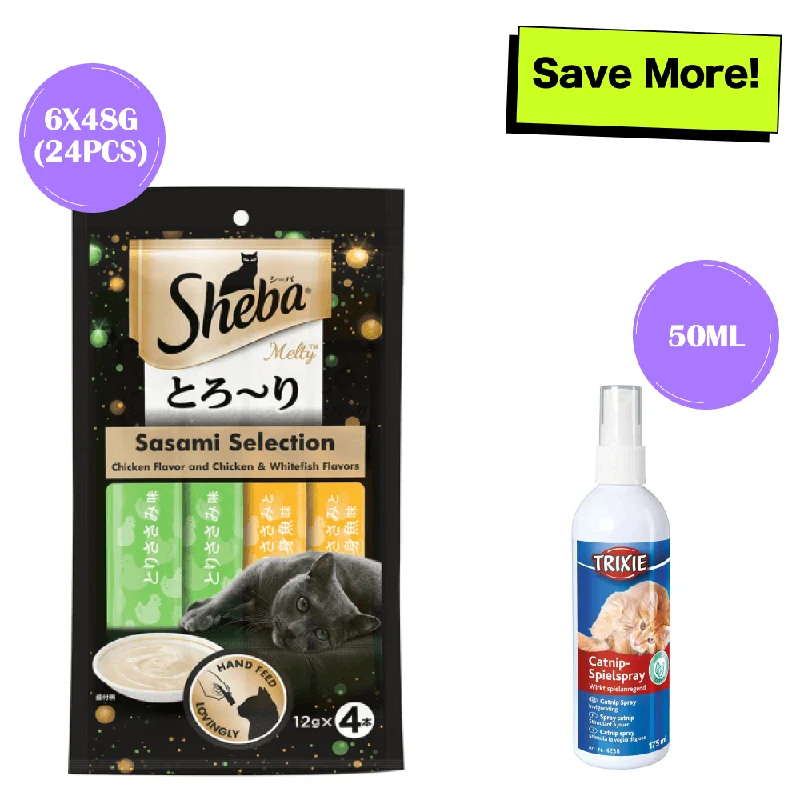 Sheba Chicken & Whitefish Sasami Melty Premium Treats and Trixie Catnip Play Spray for Cats Combo